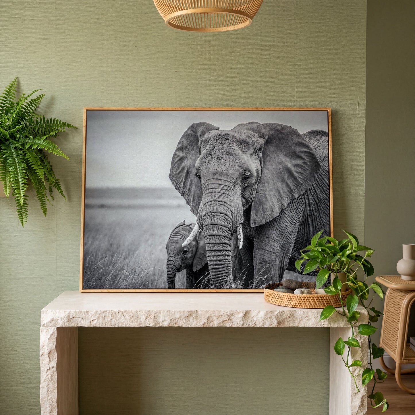 African Elephant Mother & Calf Canvas Print in white oak floating frame