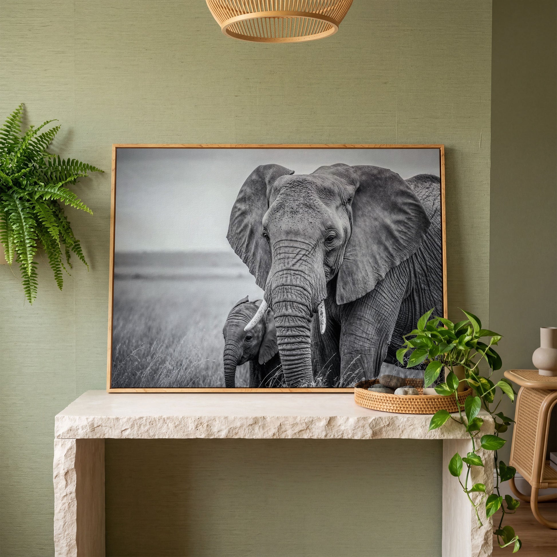 African Elephant Mother & Calf Canvas Print in white oak floating frame