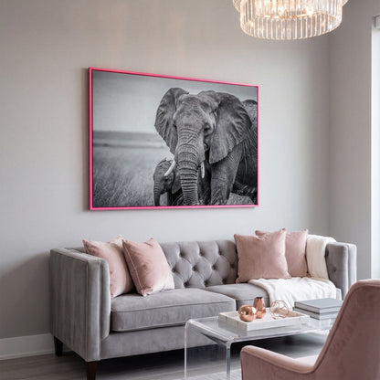 African Elephant Mother & Calf Canvas Print in pink floating frame