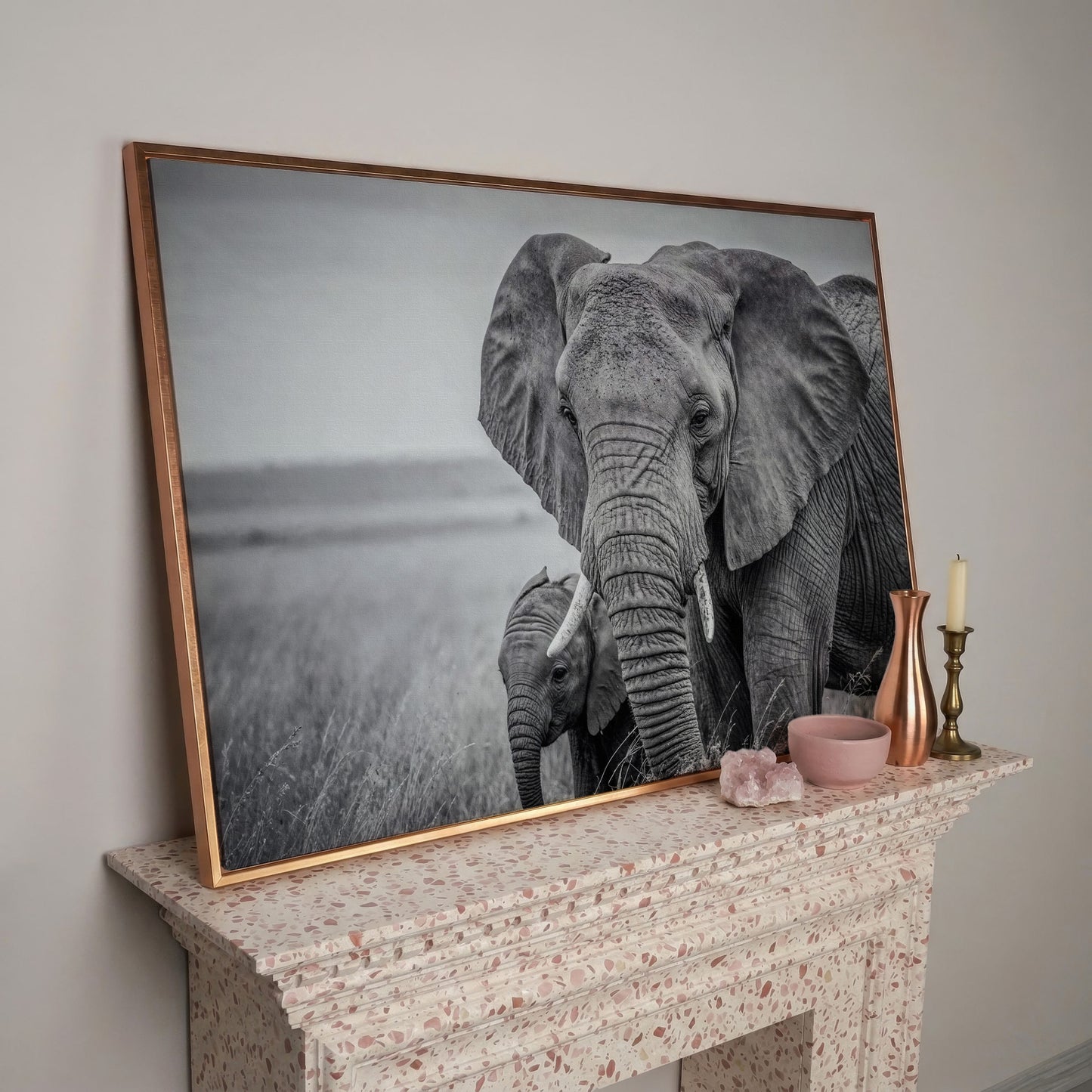 African Elephant Mother & Calf Canvas Print in rose gold floating frame