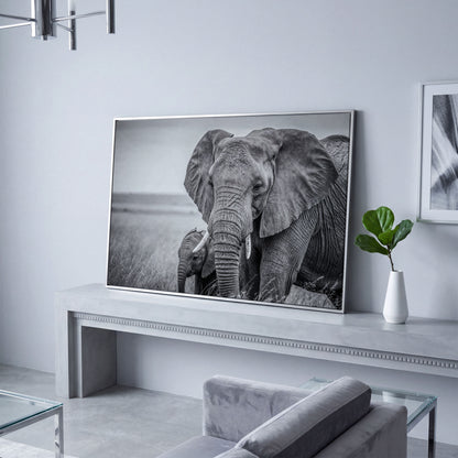 African Elephant Mother & Calf Canvas Print in silver floating frame