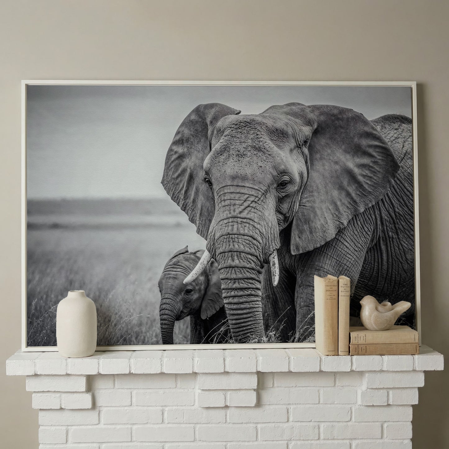African Elephant Mother & Calf Canvas Print in white floating frame