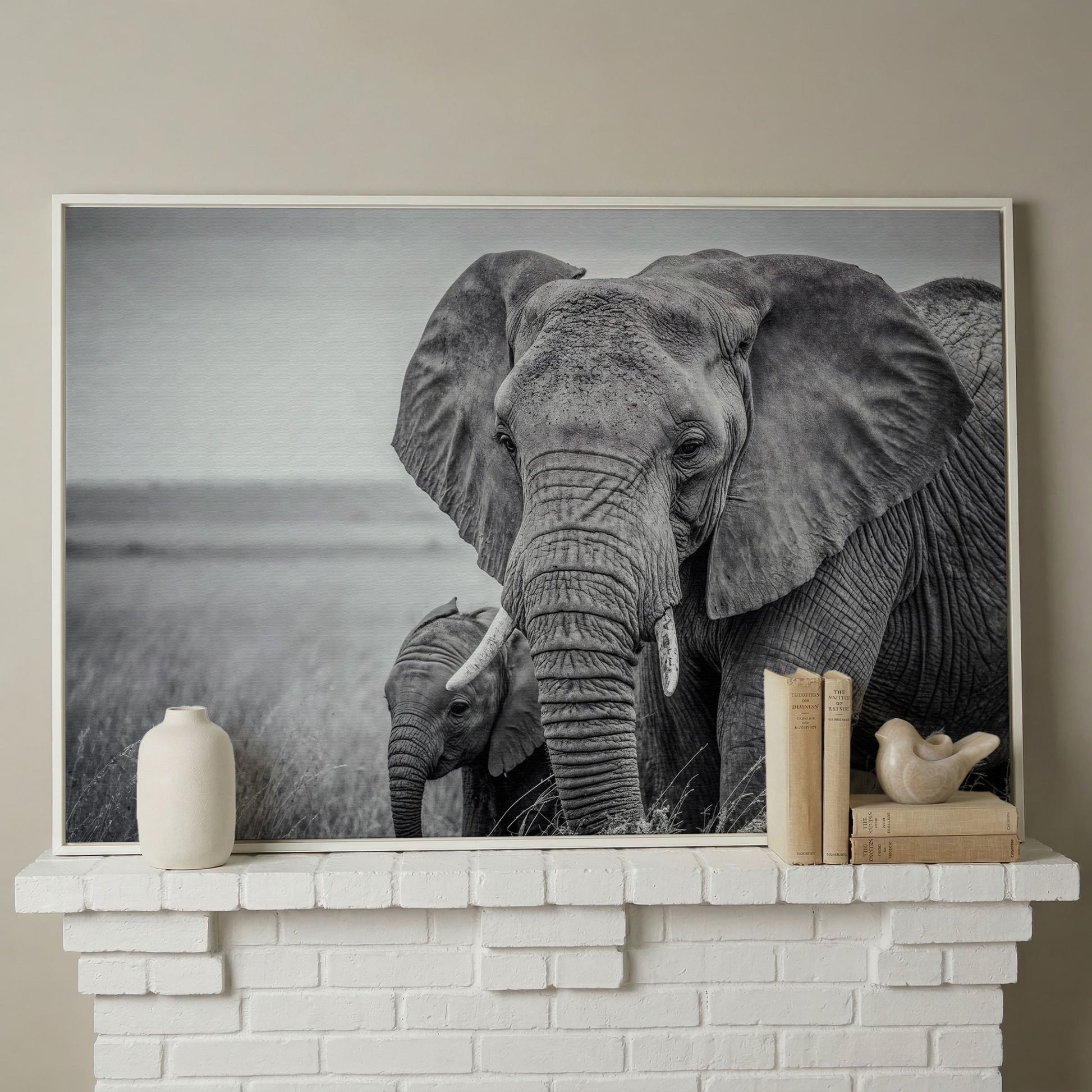 African Elephant Mother & Calf Canvas Print in white floating frame