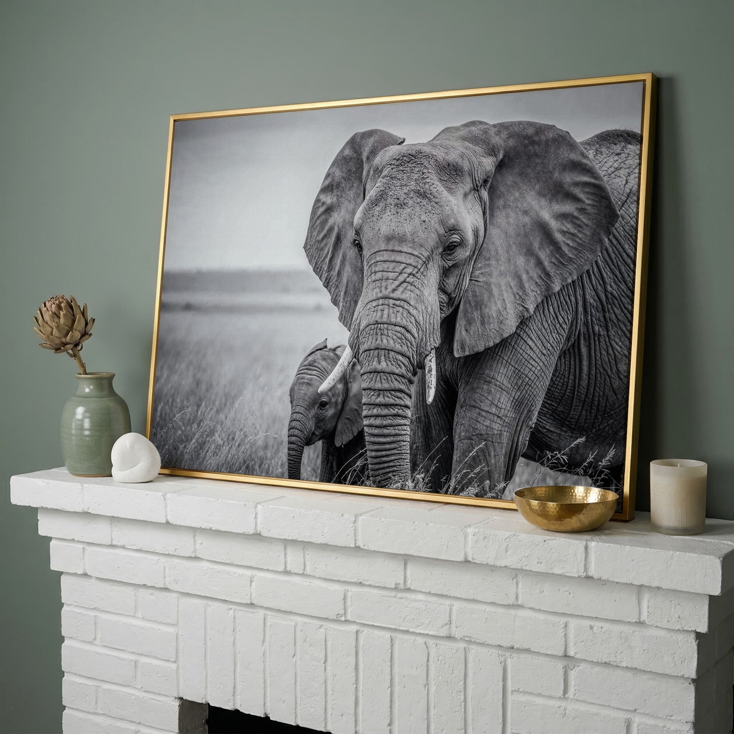 African Elephant Mother & Calf Canvas Print in yellow gold floating frame