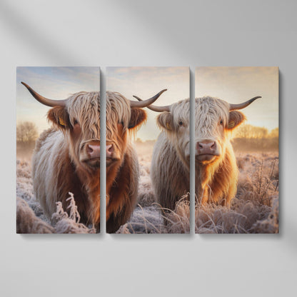 Highland Cow Pair Farmhouse Canvas Art as 3-panel split version