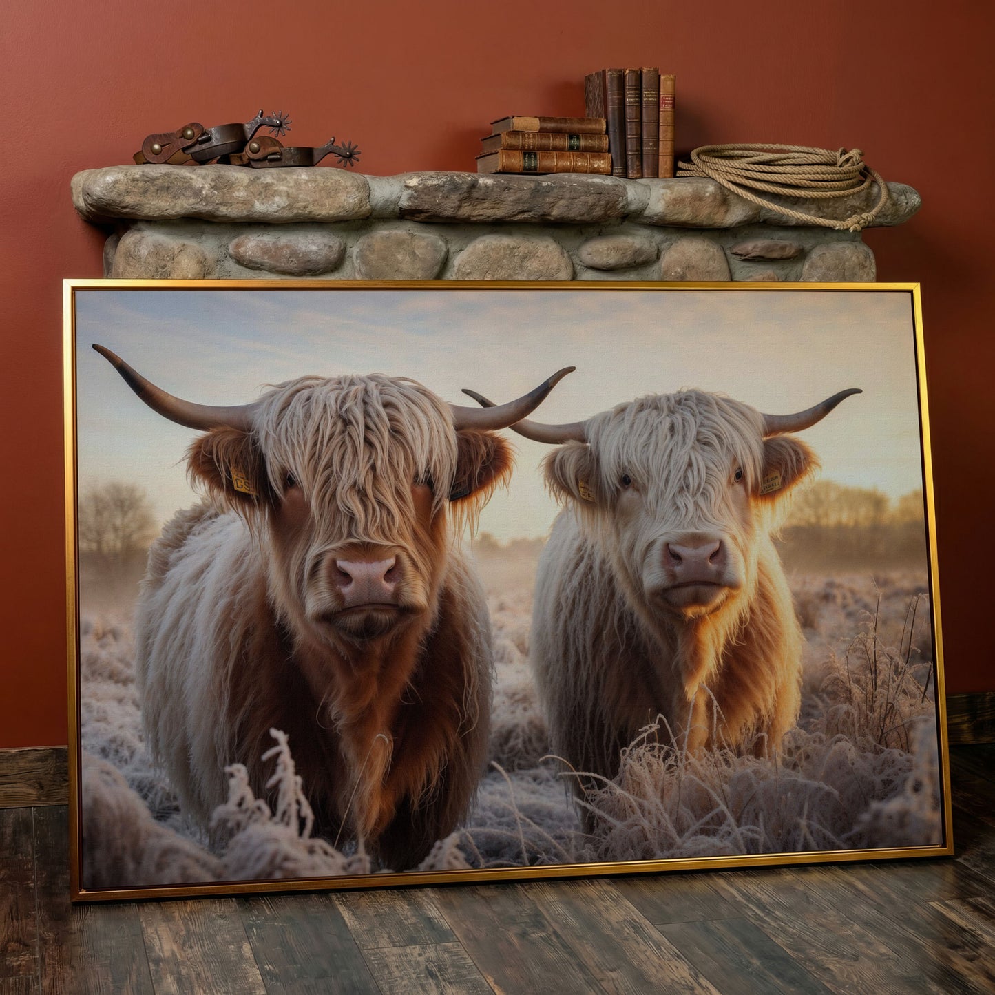 Highland Cow Pair Farmhouse Canvas Art in antique gold floating frame
