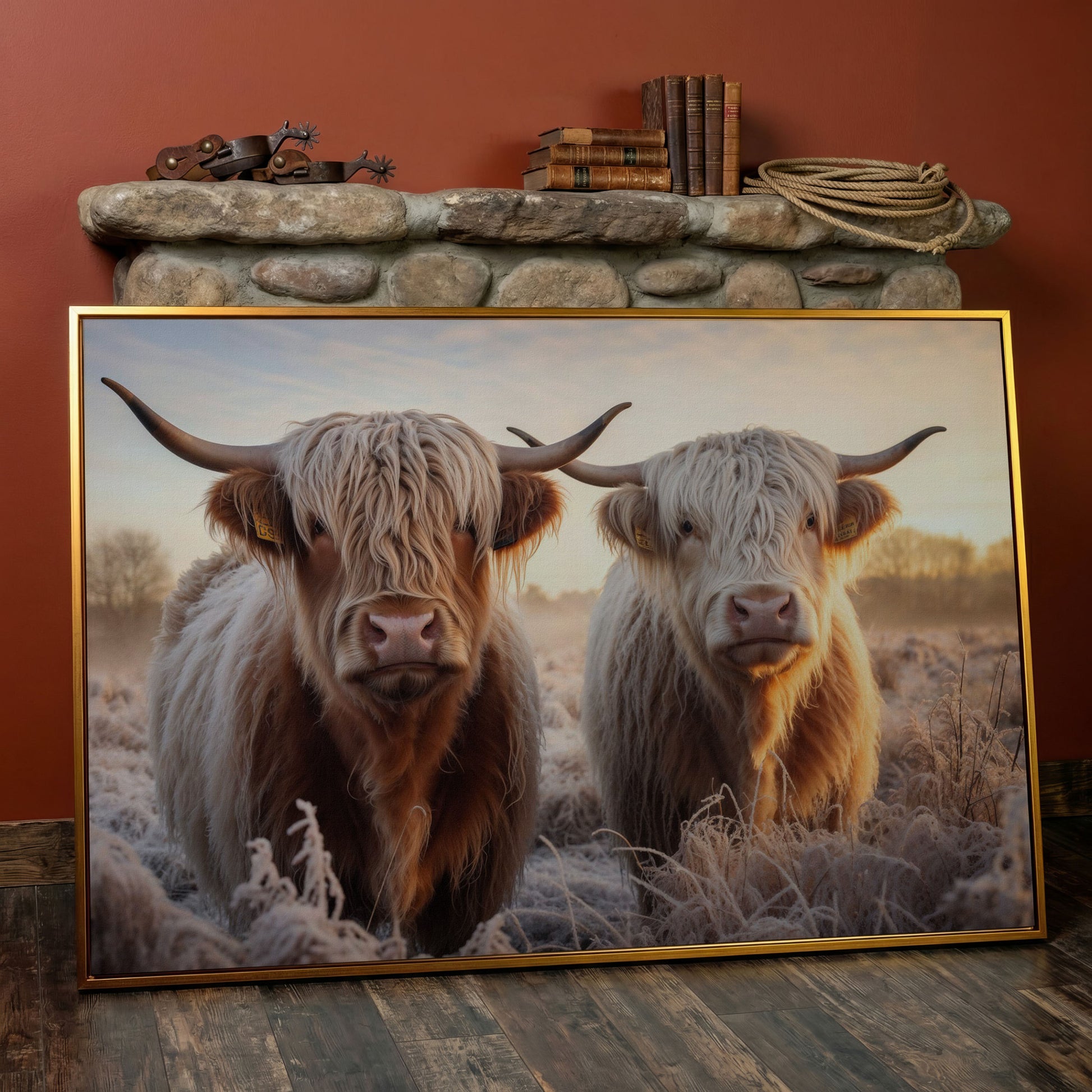 Highland Cow Pair Farmhouse Canvas Art in antique gold floating frame