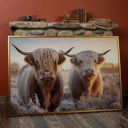 Highland Cow Pair Farmhouse Canvas Art in antique gold floating frame