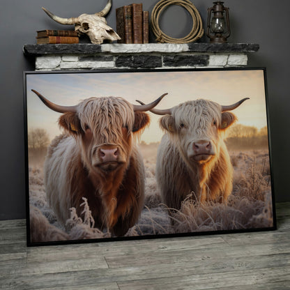Highland Cow Pair Farmhouse Canvas Art in black floating frame