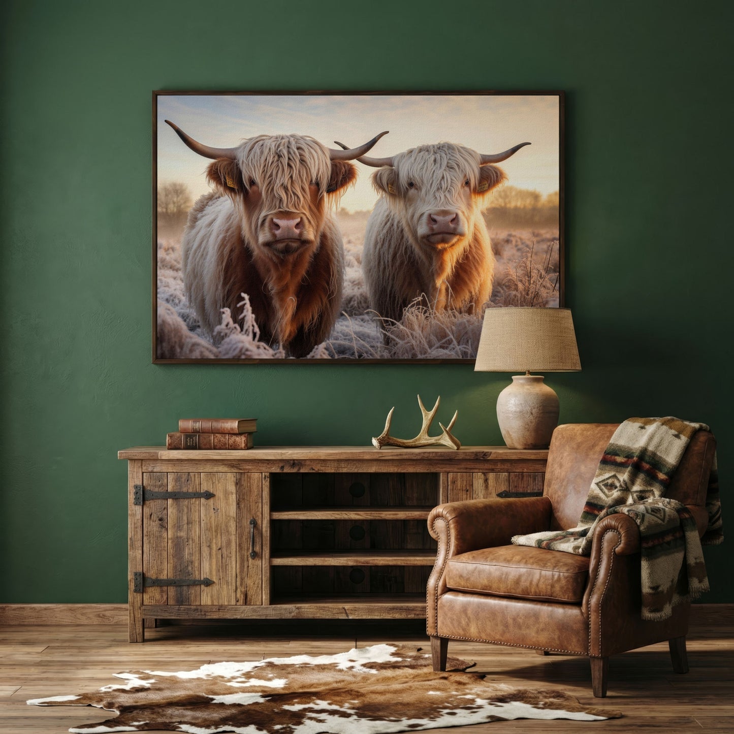Highland Cow Pair Farmhouse Canvas Art in dark walnut floating frame