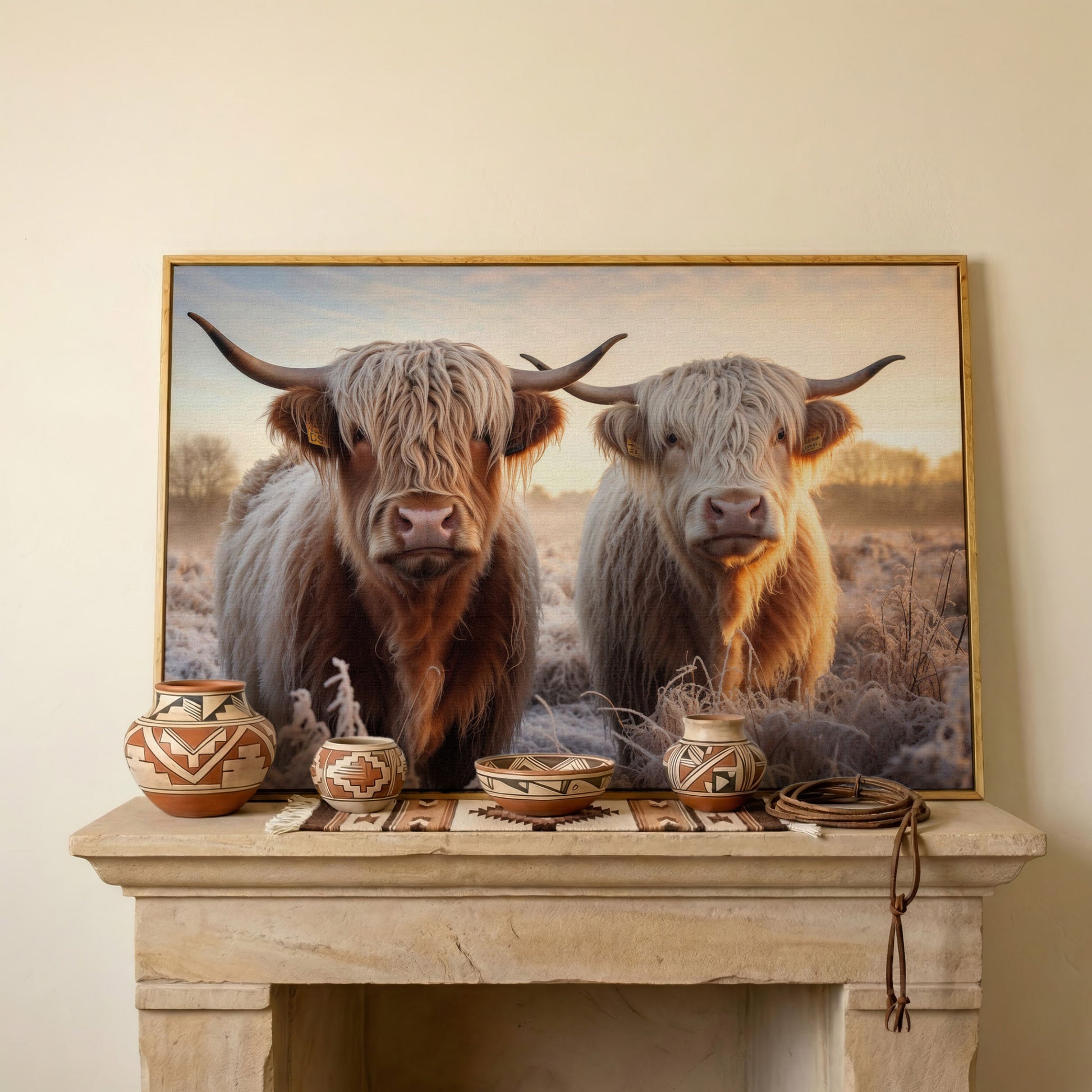 Highland Cow Pair Farmhouse Canvas Art in white oak floating frame