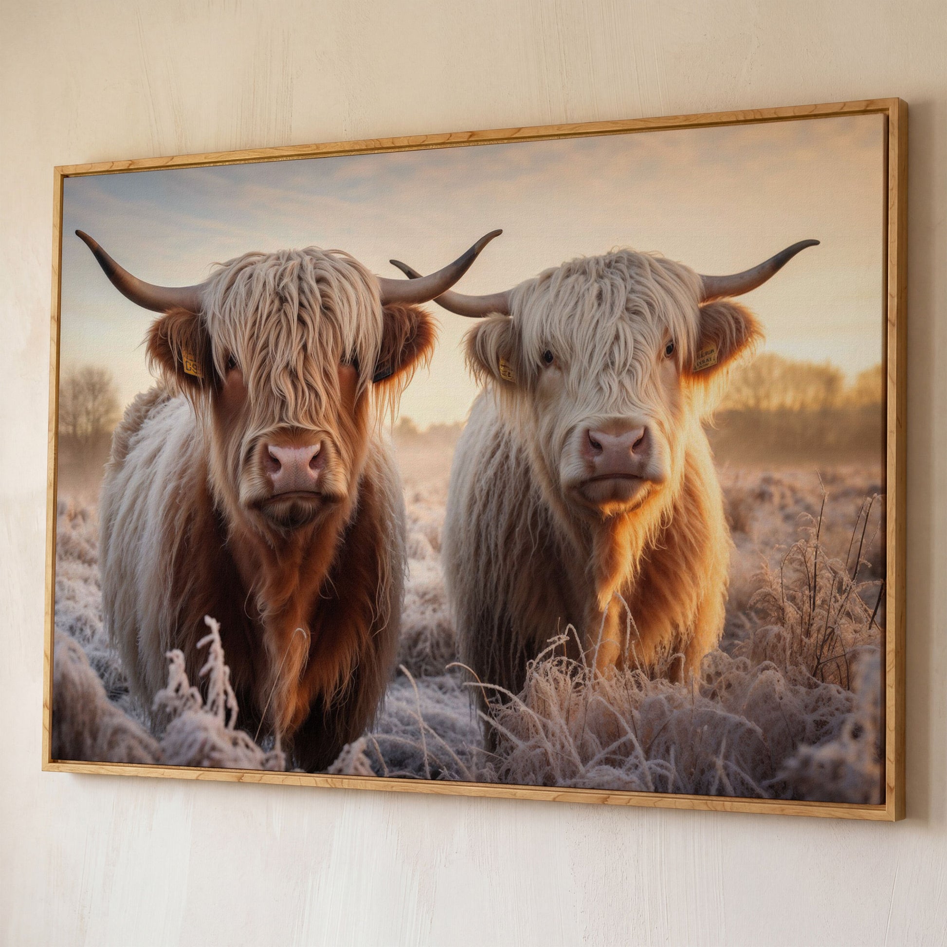 Highland Cow Pair Farmhouse Canvas Art shown in white oak floating frame
