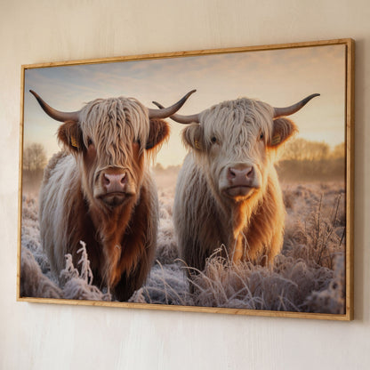 Highland Cow Pair Farmhouse Canvas Art shown in white oak floating frame