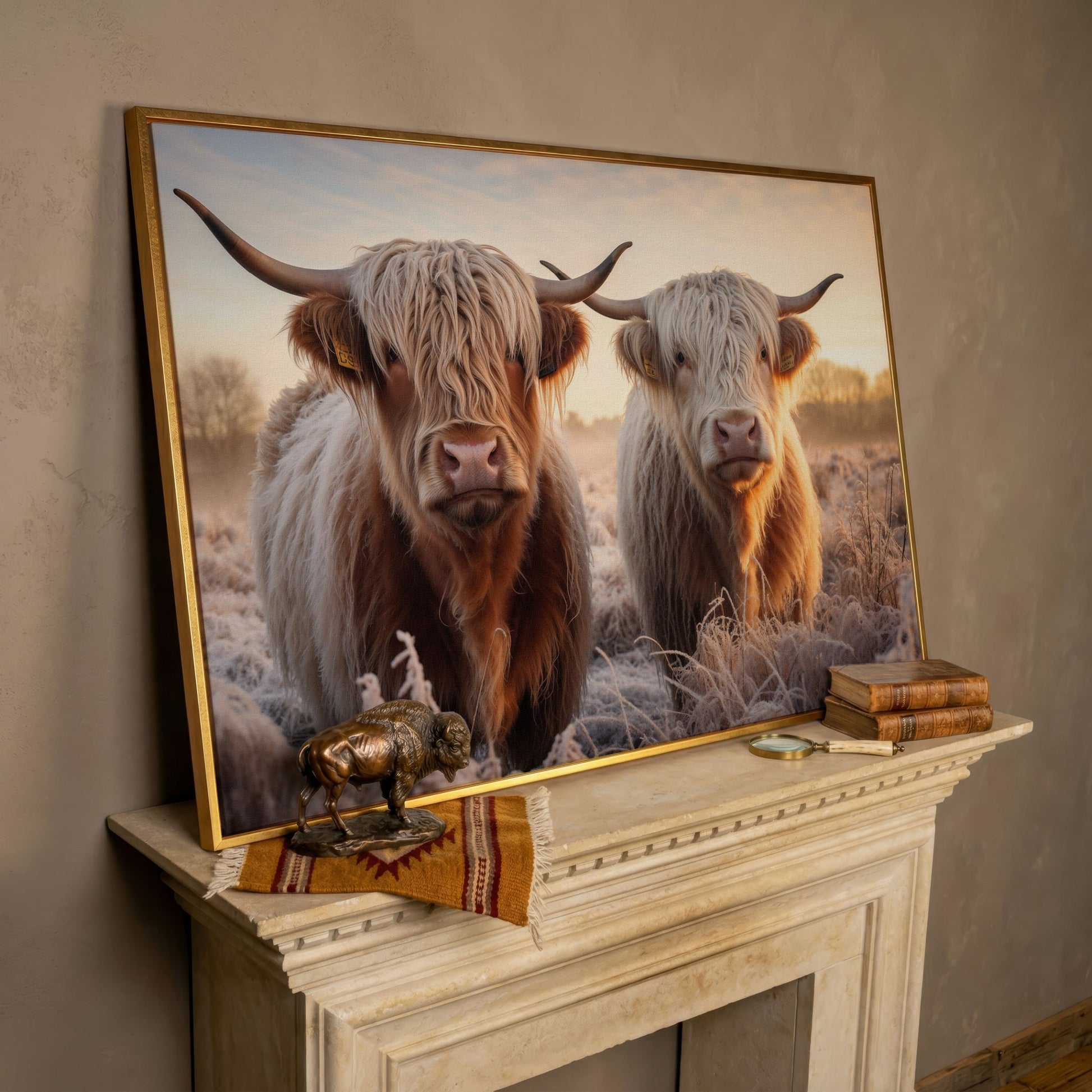 Highland Cow Pair Farmhouse Canvas Art in rose gold floating frame