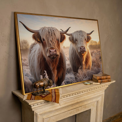 Highland Cow Pair Farmhouse Canvas Art in rose gold floating frame