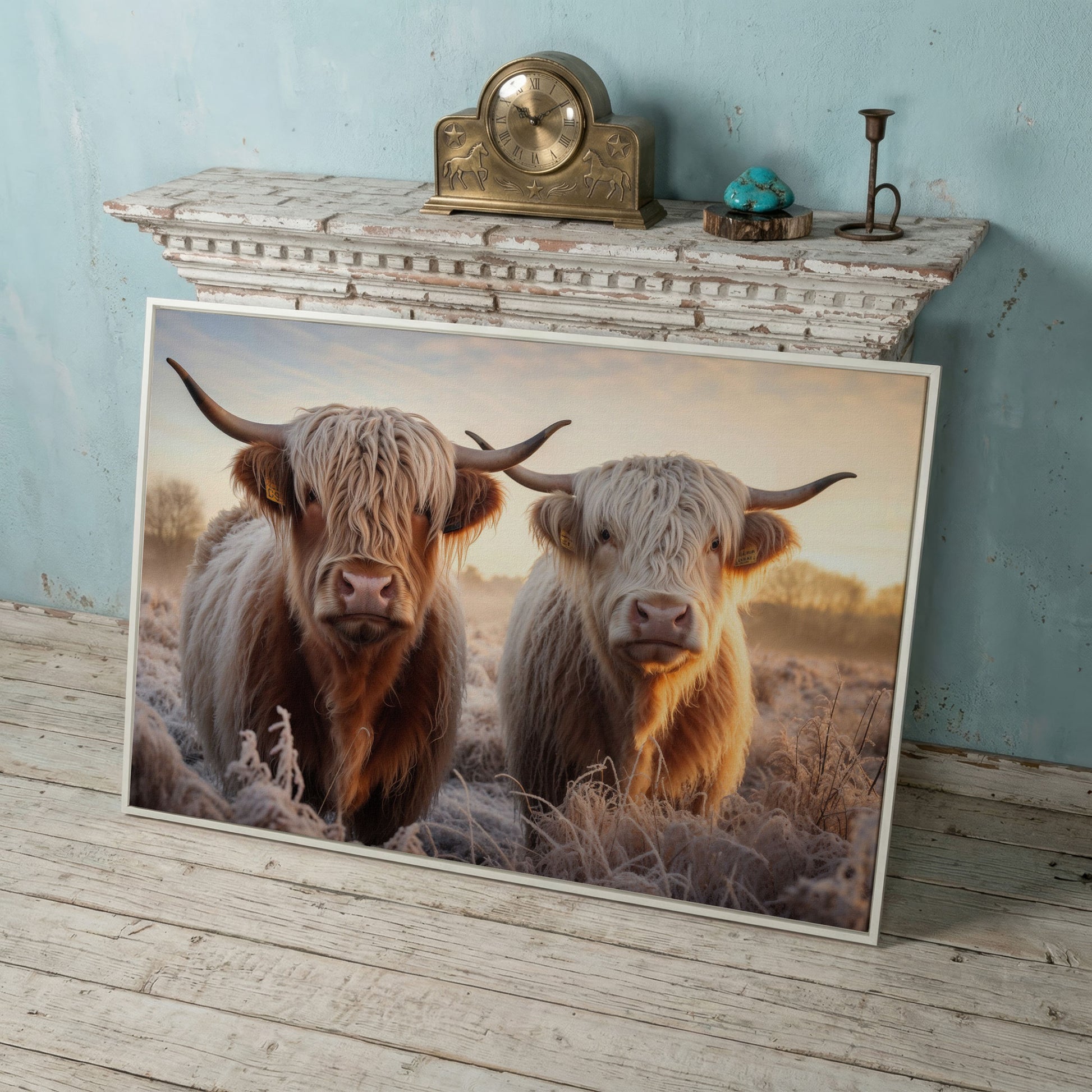 Highland Cow Pair Farmhouse Canvas Art in white floating frame