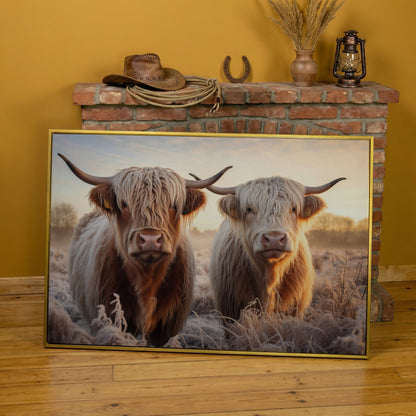 Highland Cow Pair Farmhouse Canvas Art in yellow gold floating frame