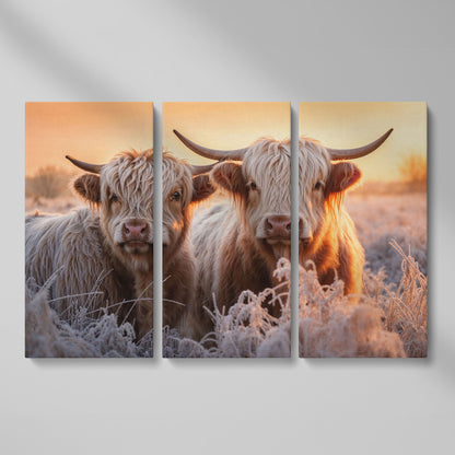 White Scottish Highlanders in Frost Landscape Canvas as 3-panel split version