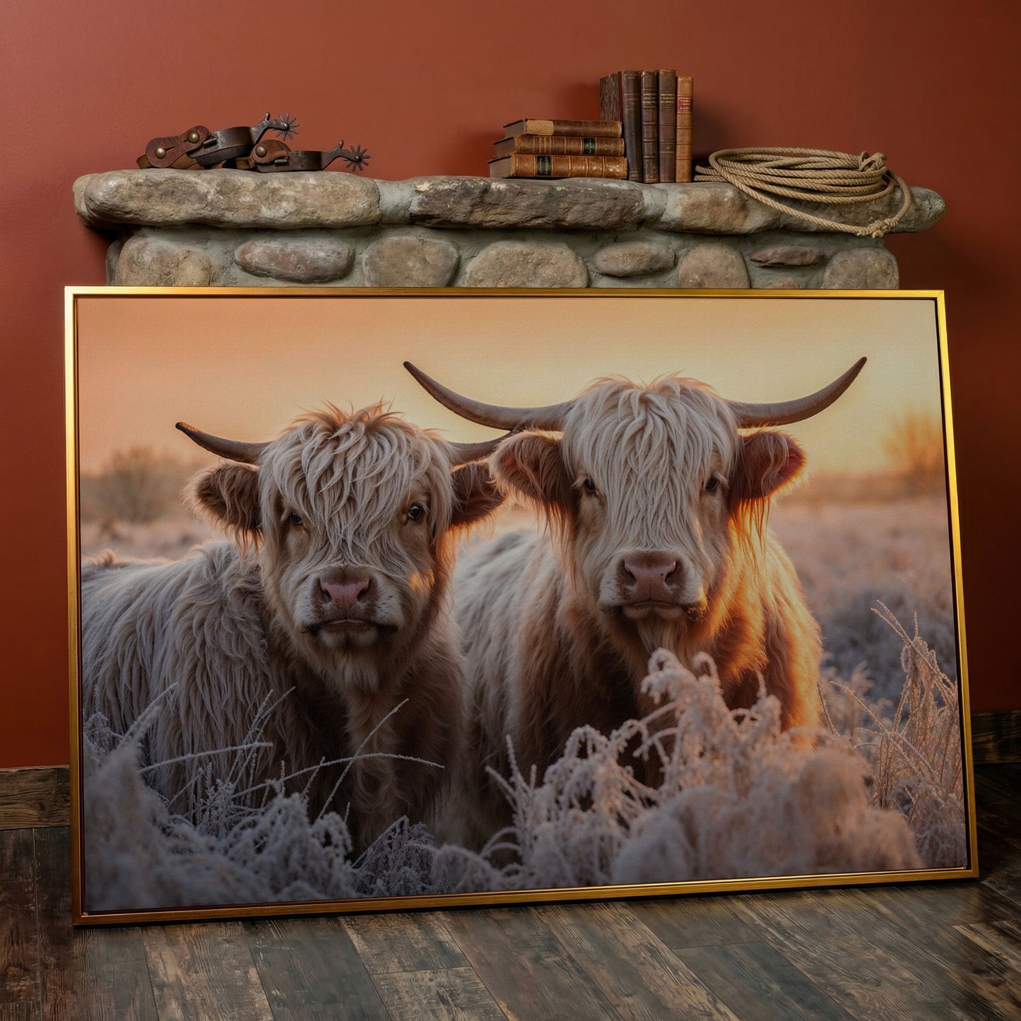 White Scottish Highlanders in Frost Landscape Canvas in antique gold floating frame