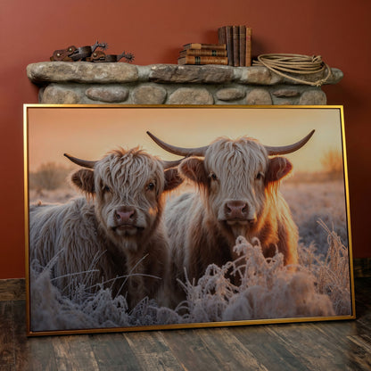 White Scottish Highlanders in Frost Landscape Canvas in antique gold floating frame