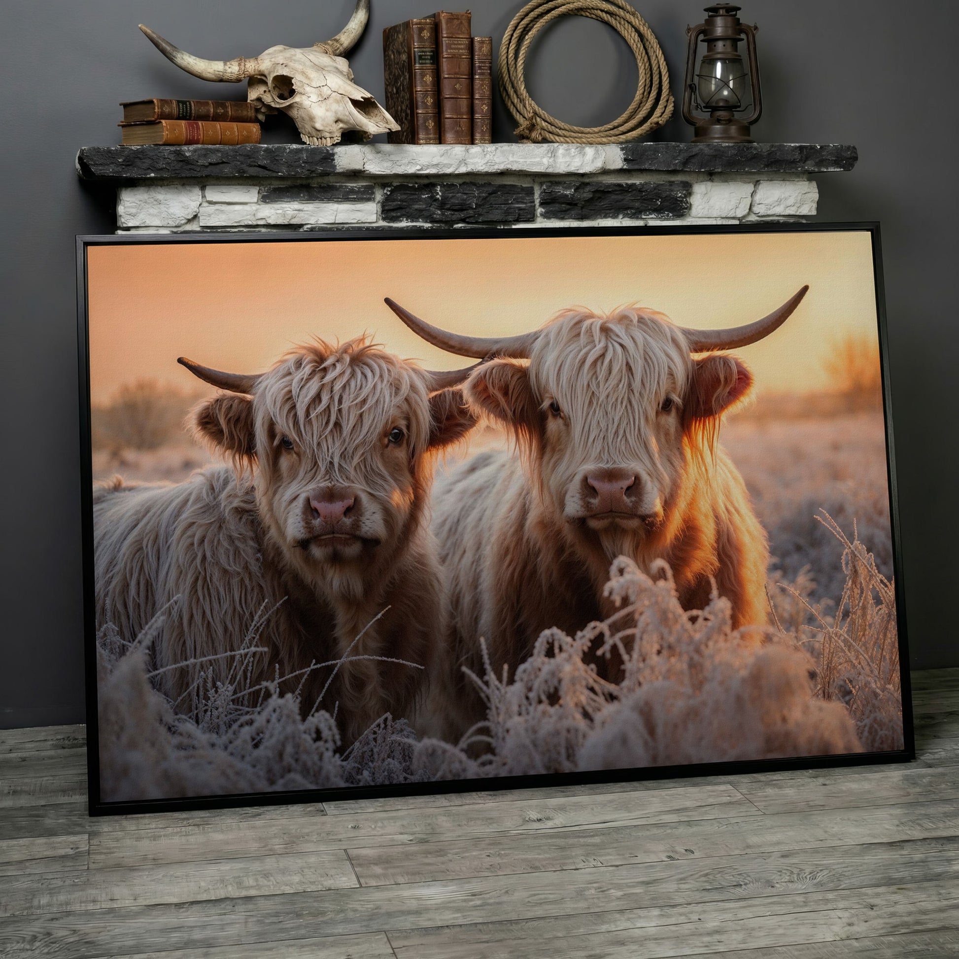 White Scottish Highlanders in Frost Landscape Canvas in black floating frame