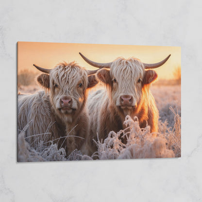 White Scottish Highlanders in Frost Landscape Canvas on gallery wrap