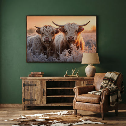 White Scottish Highlanders in Frost Landscape Canvas in dark walnut floating frame