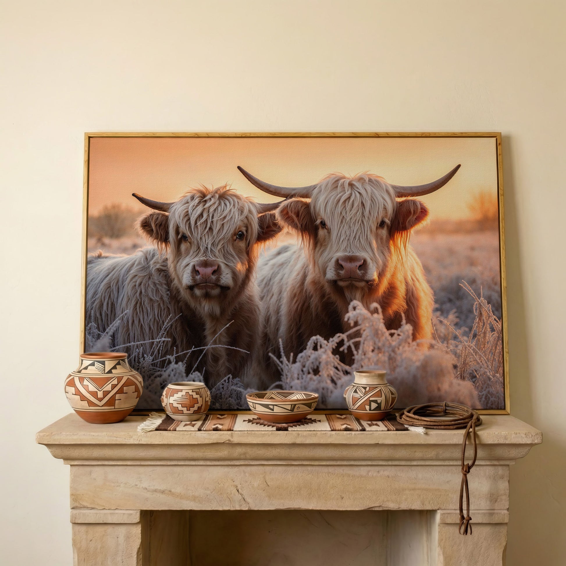 White Scottish Highlanders in Frost Landscape Canvas in white oak floating frame