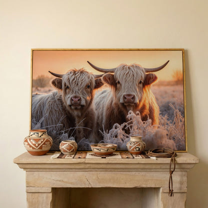 White Scottish Highlanders in Frost Landscape Canvas in white oak floating frame