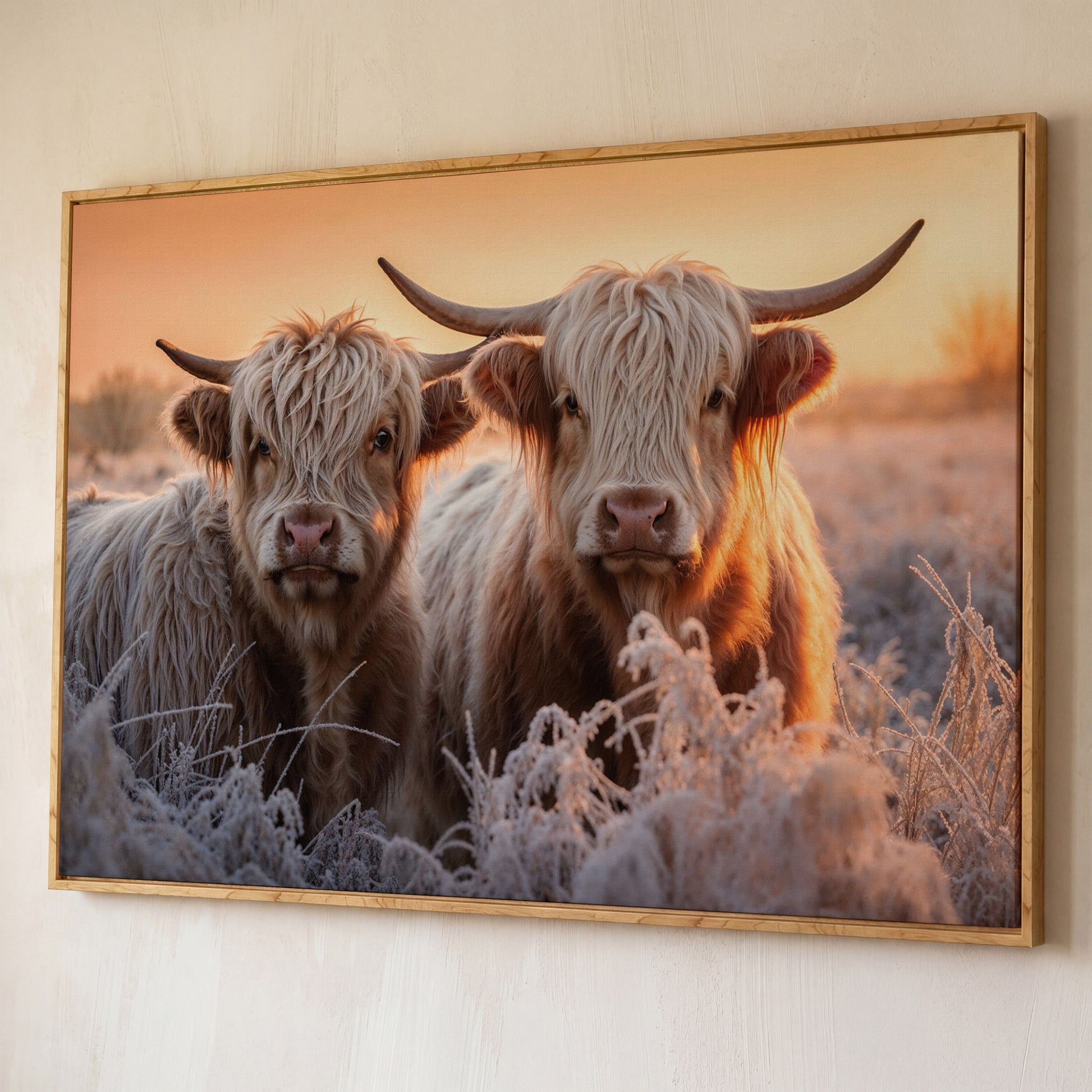 White Scottish Highlanders in Frost Landscape Canvas shown in white oak floating frame