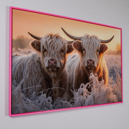 White Scottish Highlanders in Frost Landscape Canvas in pink floating frame