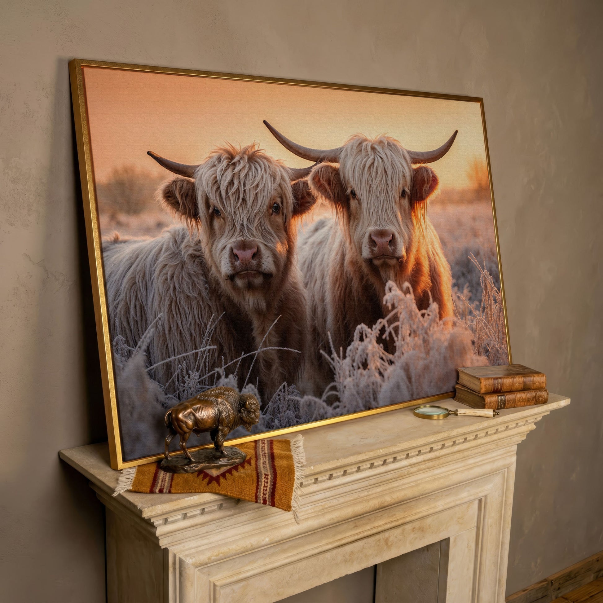 White Scottish Highlanders in Frost Landscape Canvas in rose gold floating frame