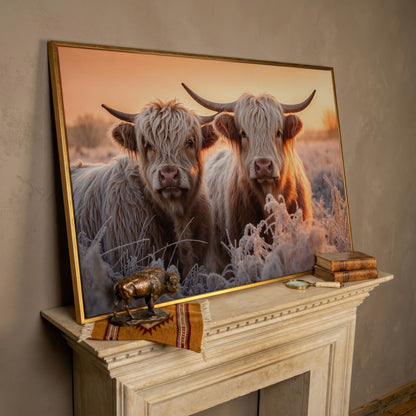 White Scottish Highlanders in Frost Landscape Canvas in rose gold floating frame
