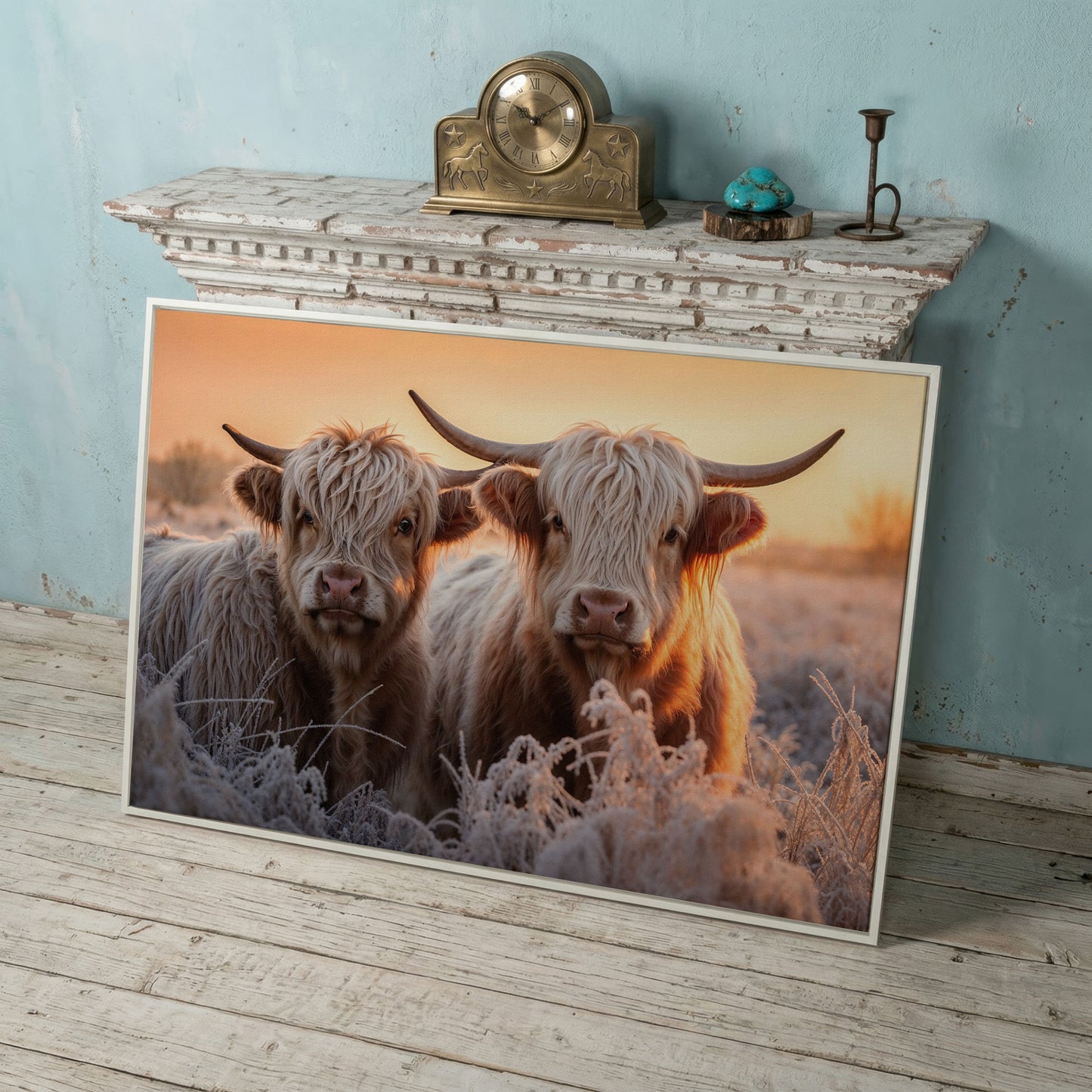 White Scottish Highlanders in Frost Landscape Canvas in white floating frame