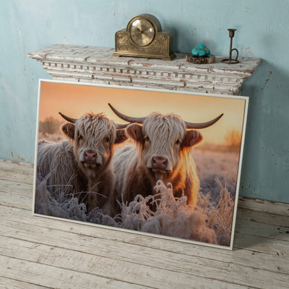 White Scottish Highlanders in Frost Landscape Canvas in white floating frame
