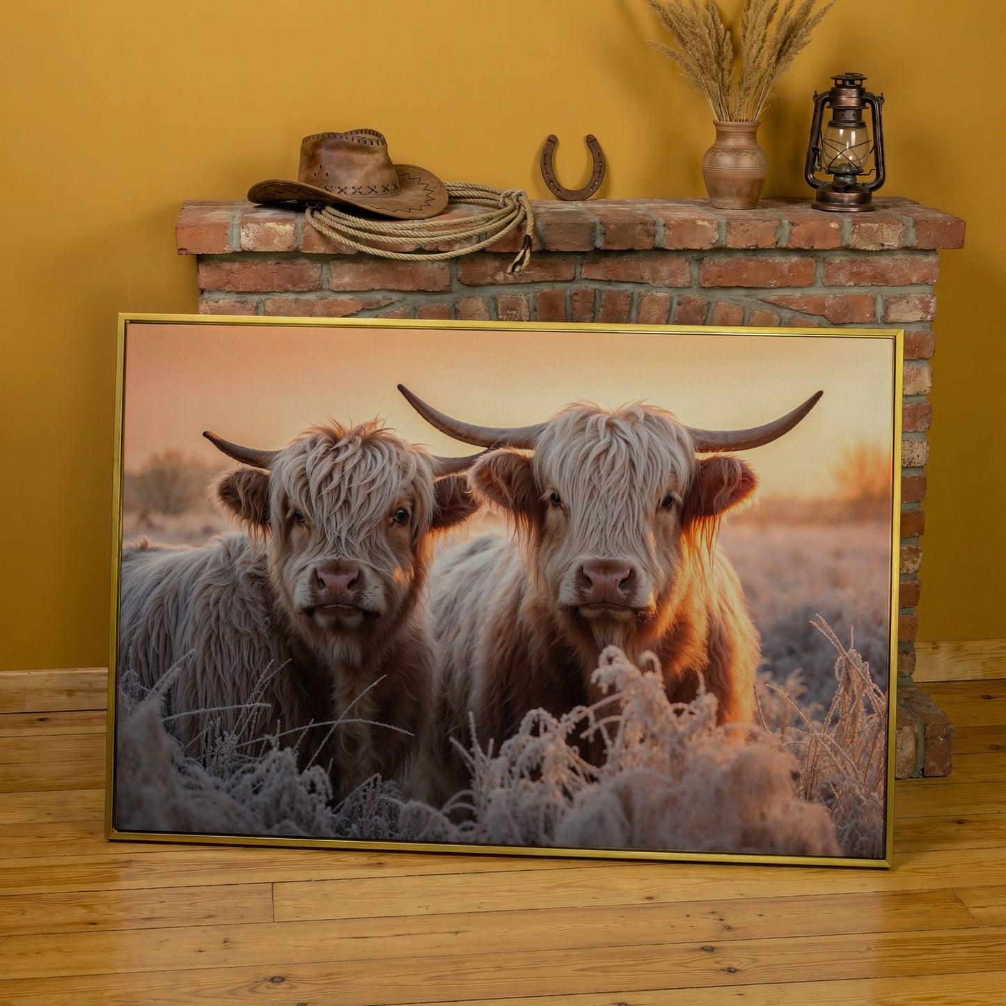 White Scottish Highlanders in Frost Landscape Canvas in yellow gold floating frame