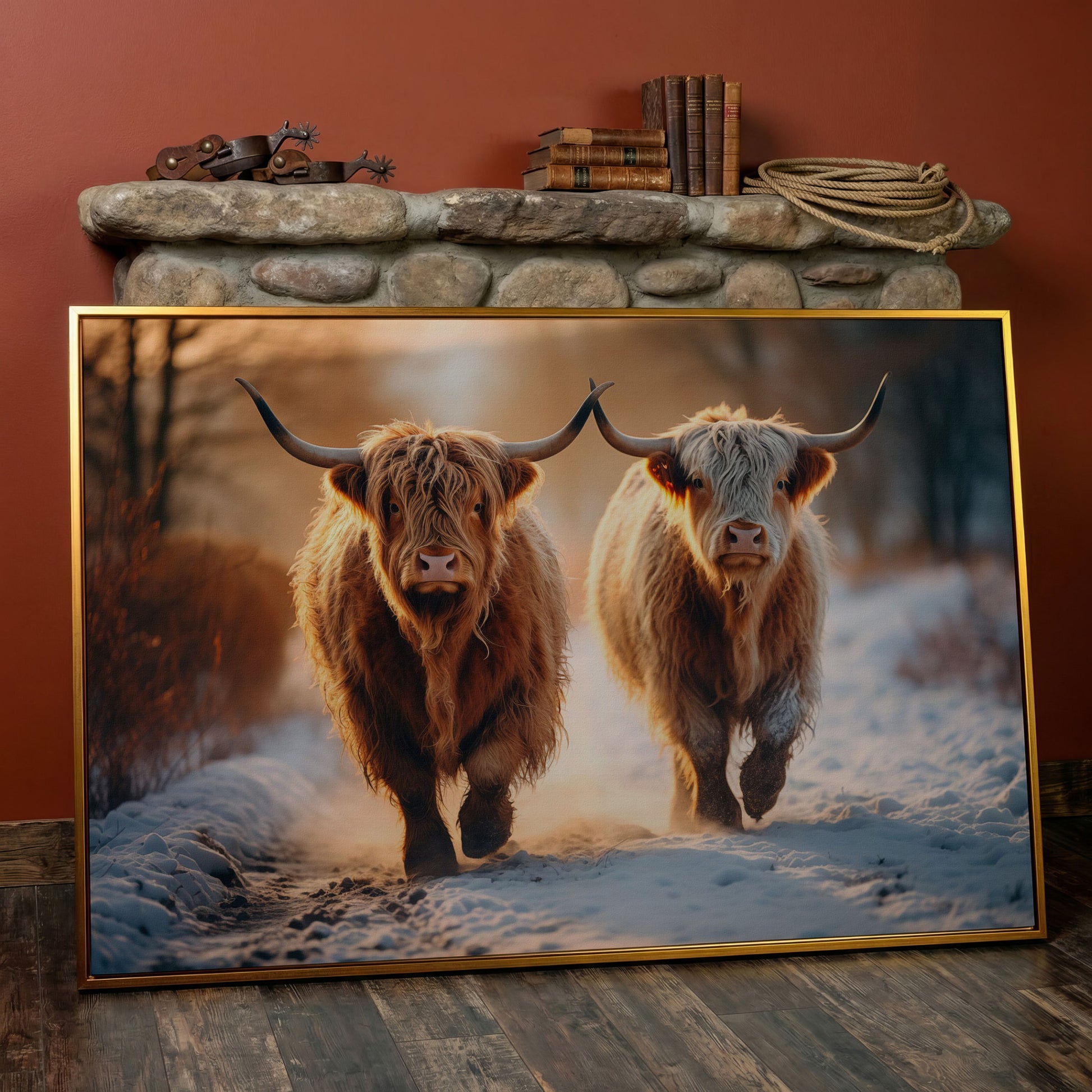 Highland Cows Running in Snow Canvas in antique gold floating frame