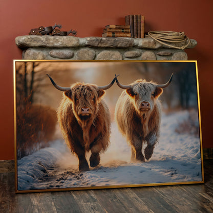 Highland Cows Running in Snow Canvas in antique gold floating frame