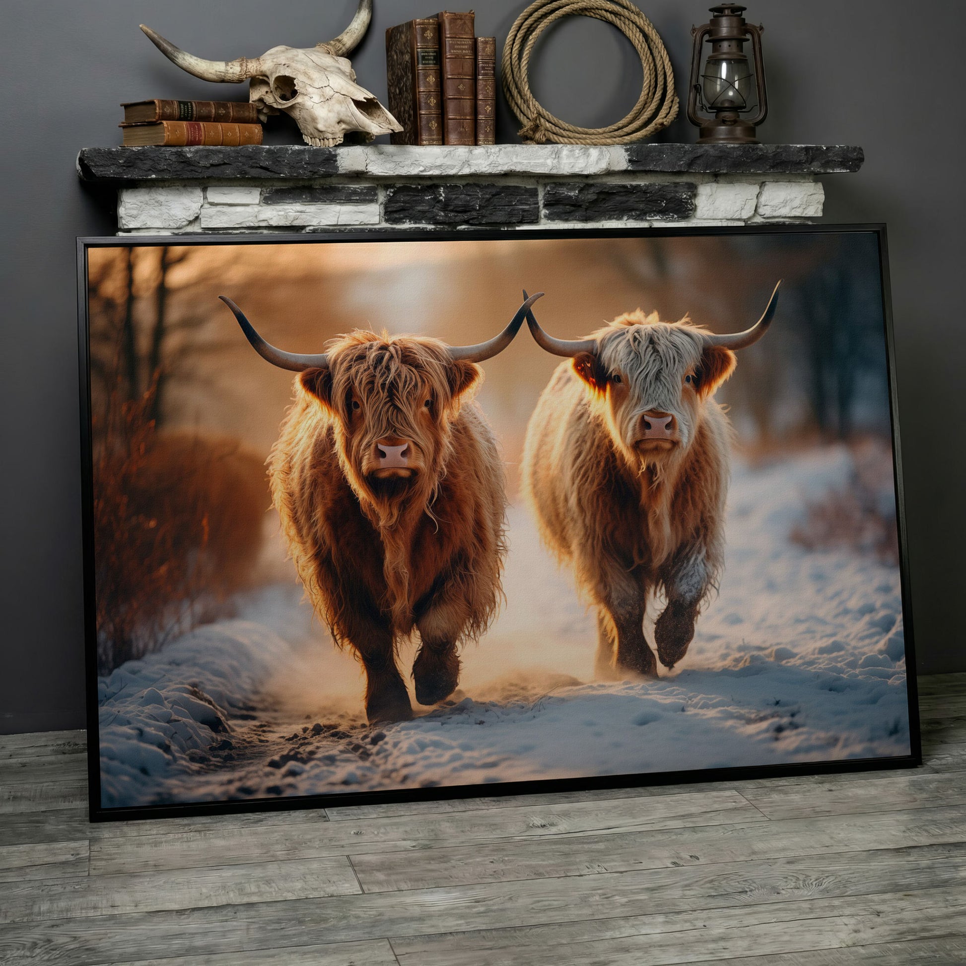 Highland Cows Running in Snow Canvas in black floating frame