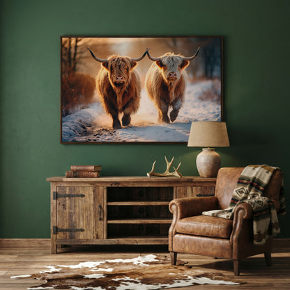 Highland Cows Running in Snow Canvas in dark walnut floating frame