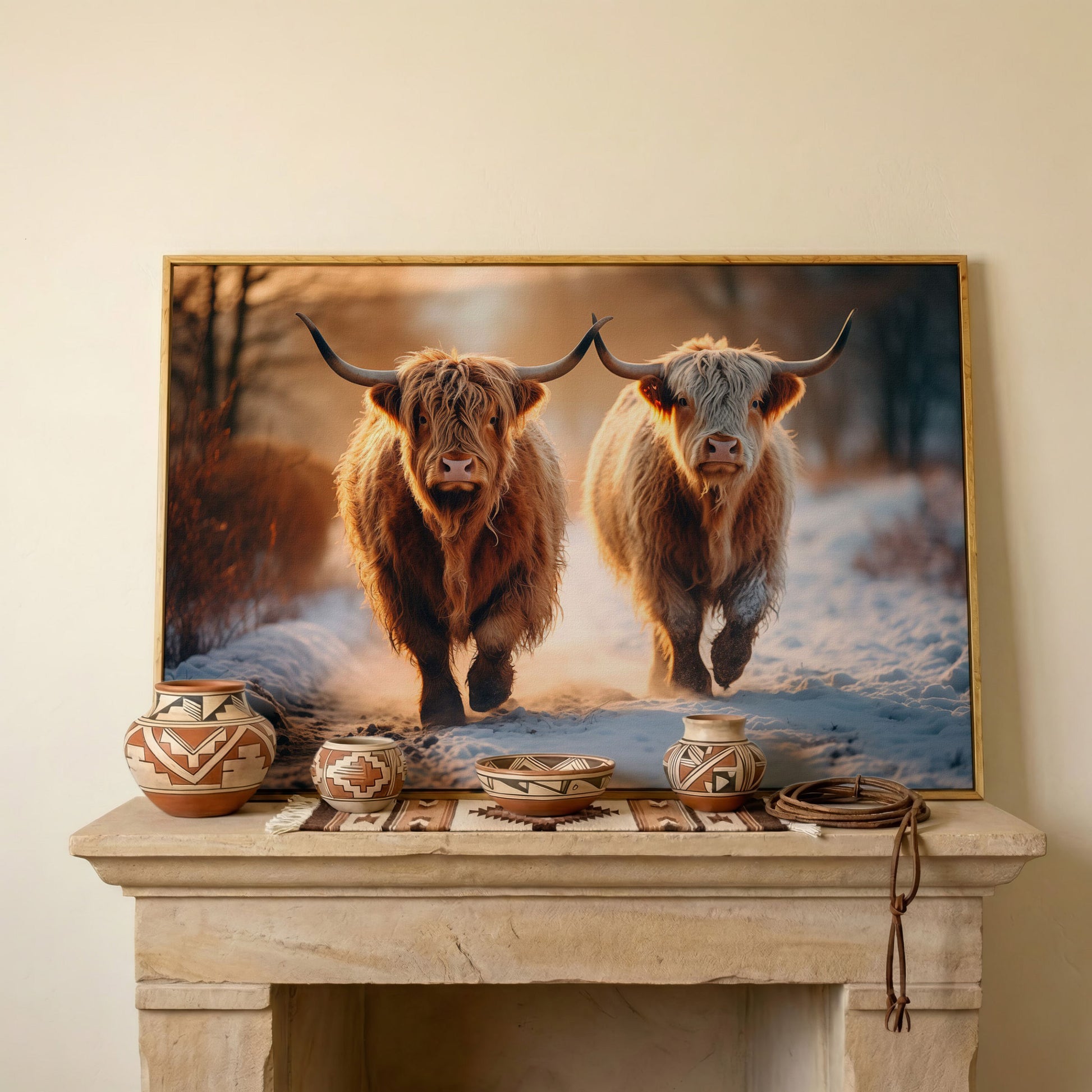 Highland Cows Running in Snow Canvas in white oak floating frame