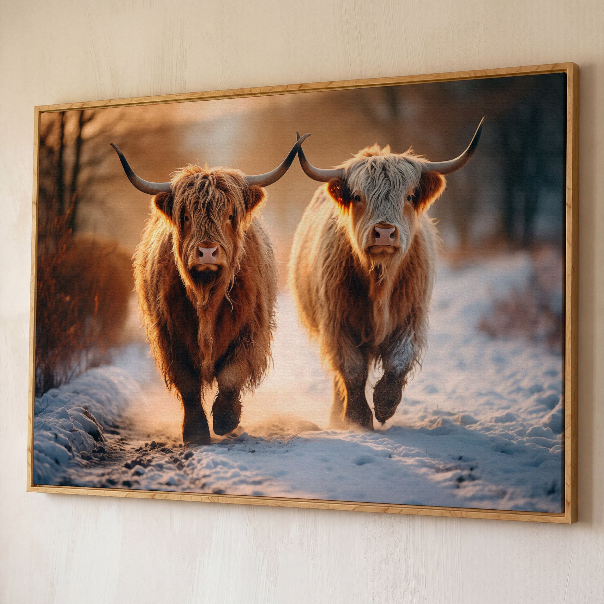 Highland Cows Running in Snow Canvas shown in white oak floating frame