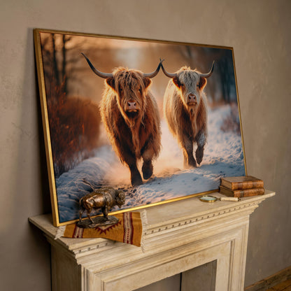 Highland Cows Running in Snow Canvas in rose gold floating frame