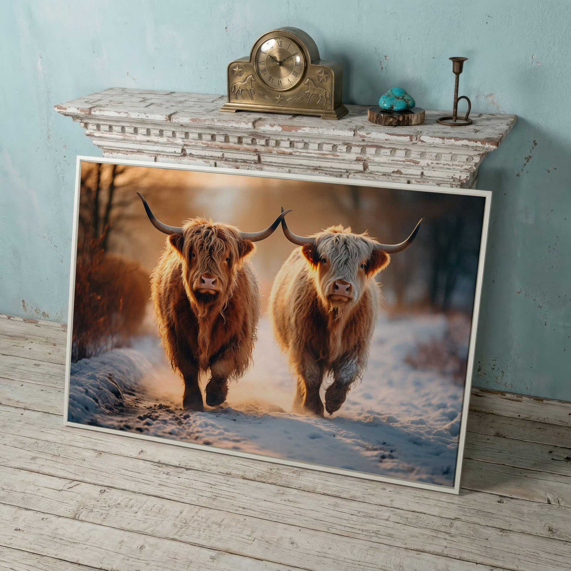 Highland Cows Running in Snow Canvas in white floating frame