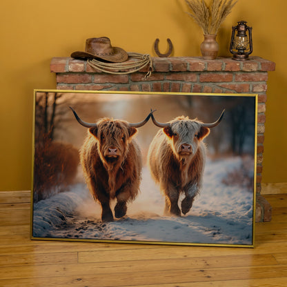 Highland Cows Running in Snow Canvas in yellow gold floating frame
