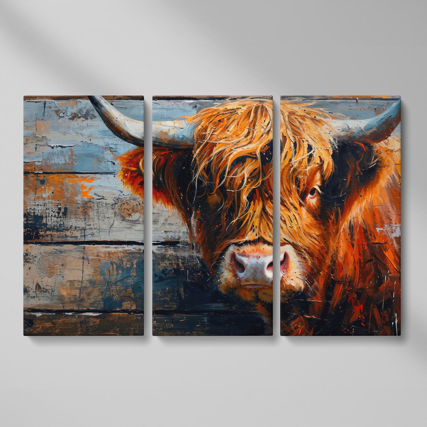 Scottish Highland Cow Canvas Print with Textured Farmhouse Detail as 3-panel split version