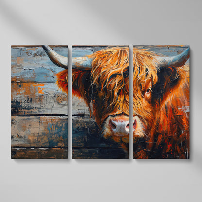Scottish Highland Cow Canvas Print with Textured Farmhouse Detail as 3-panel split version