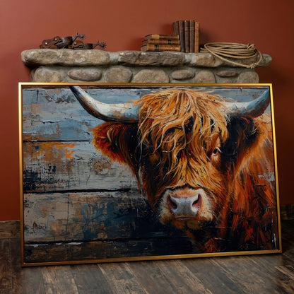 Scottish Highland Cow Canvas Print with Textured Farmhouse Detail in antique gold floating frame