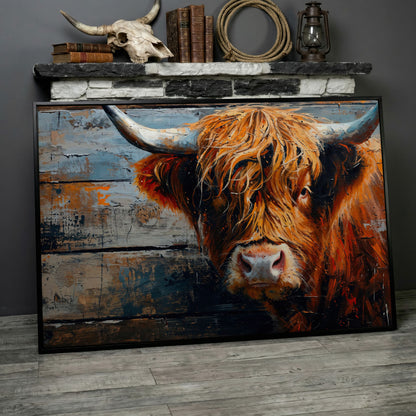 Scottish Highland Cow Canvas Print with Textured Farmhouse Detail in black floating frame