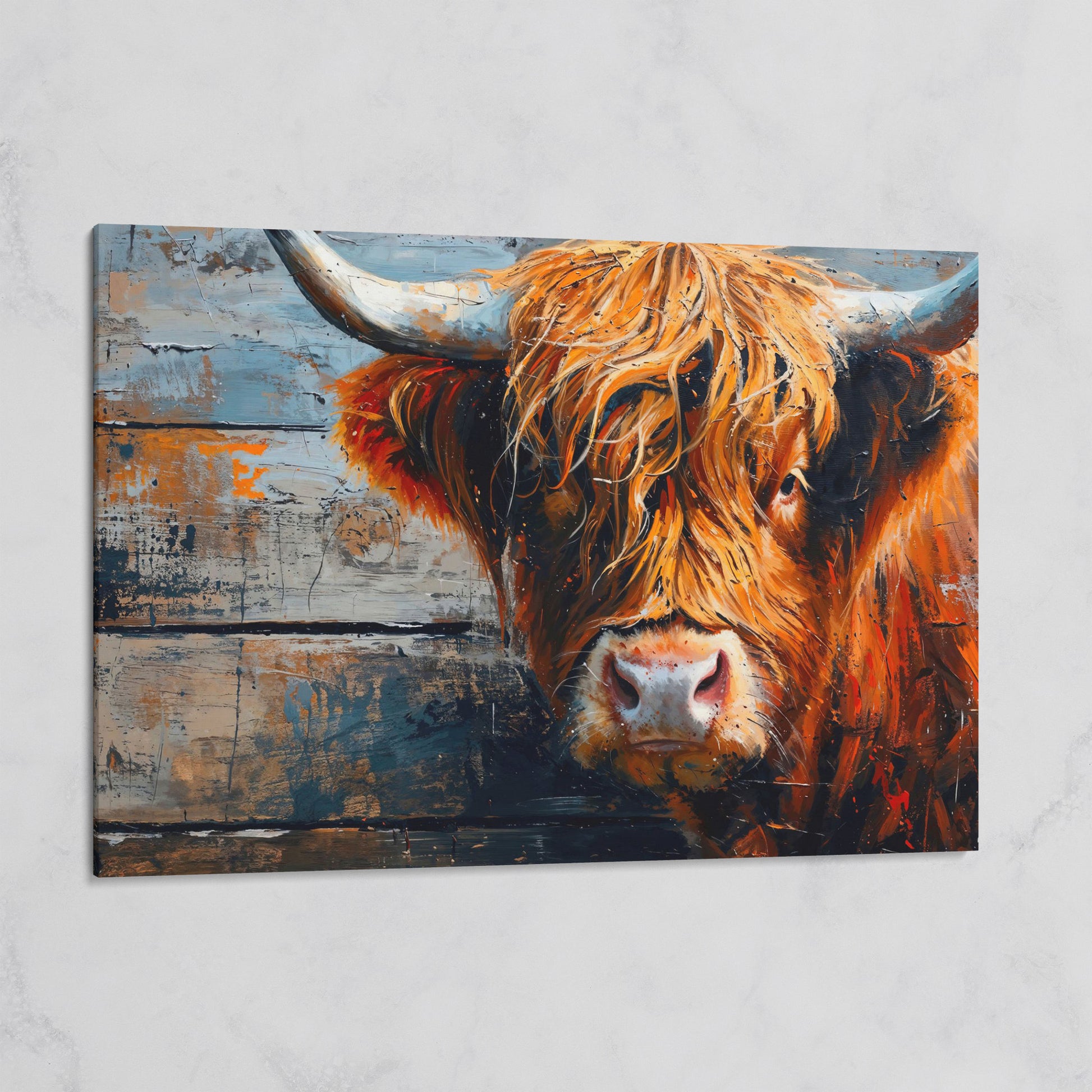 Scottish Highland Cow Canvas Print with Textured Farmhouse Detail on gallery wrap